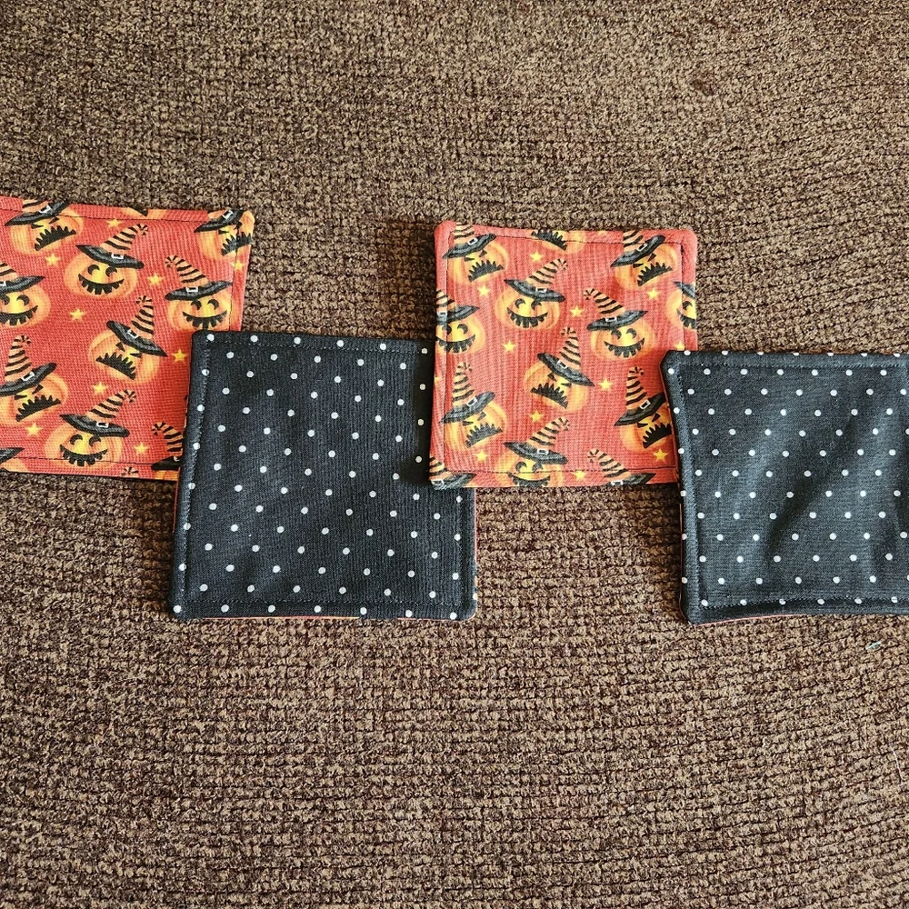 Halloween Coasters Set Of 4 Handmade Jackolanterns Witch Hats Dark Orange New